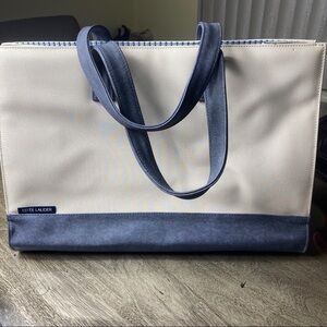 Estee Lauder Large Canvas Tote Bag | Navy Trim | 17” Travel Shopper Bag